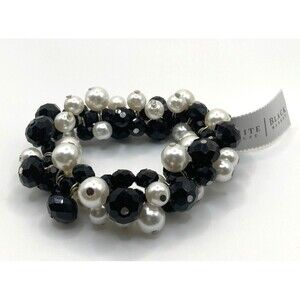 White House Black Market Black Faceted Beaded & Faux Pearls Stretch Bracelet NEW
